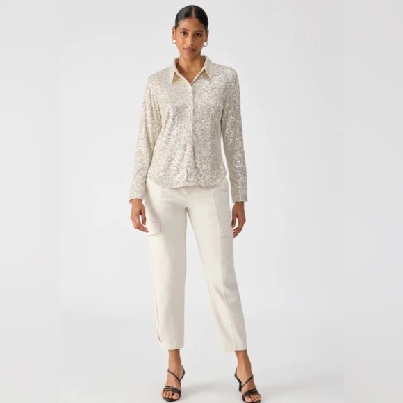 SANCTUARY Radiant Sequin Button Down Collared Shirt in Champagne Size Large NWT - Picture 2 of 8